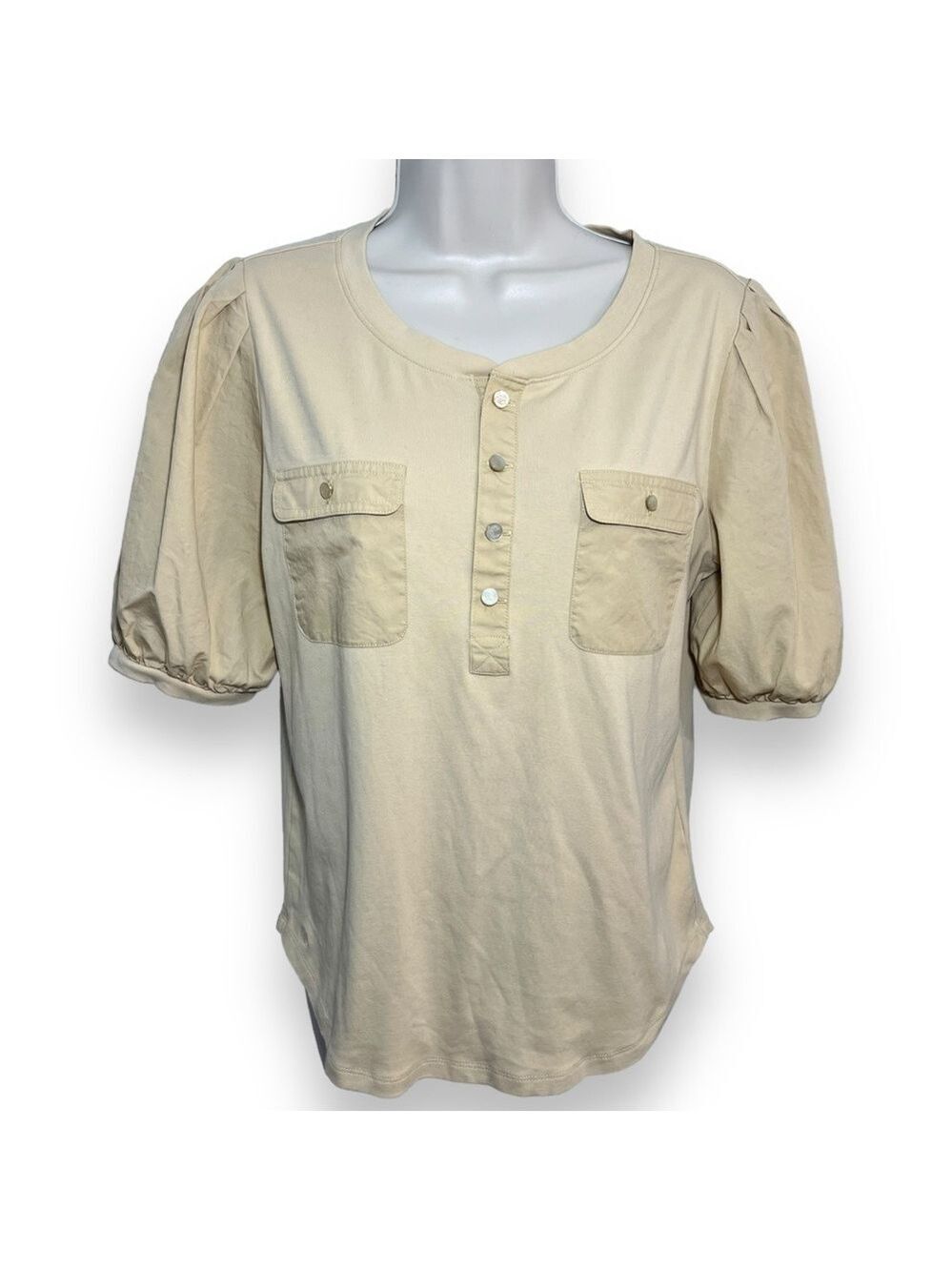 Lauren Ralph Lauren Cotton Puff-Sleeve Henley Top Tan Size Large